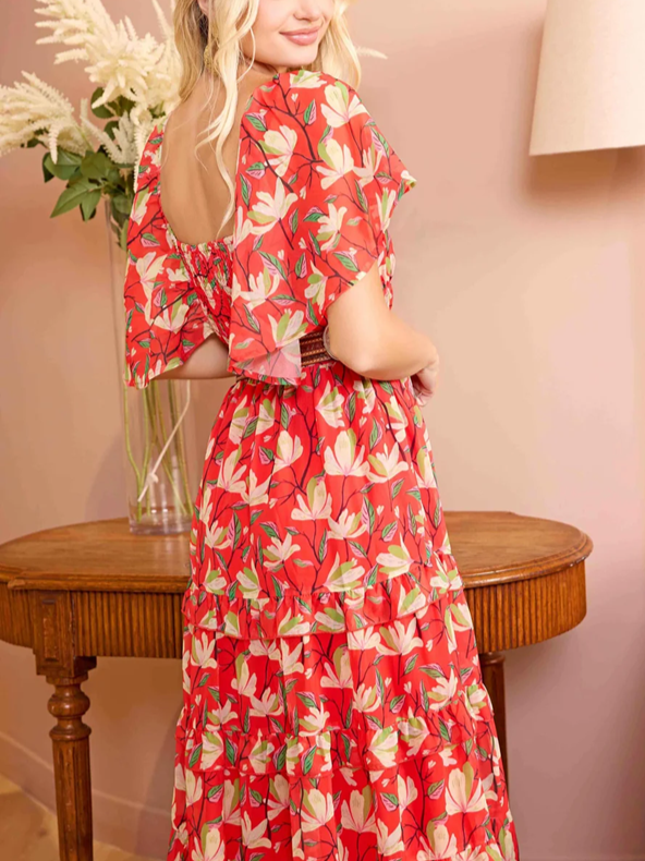 Classy Floral Print Red Dress