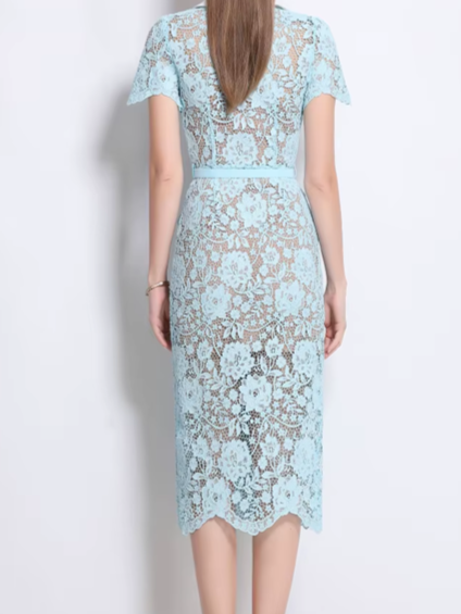 Classy Lace Lapel Short Sleeve Single Breasted Slim Pencil Dress