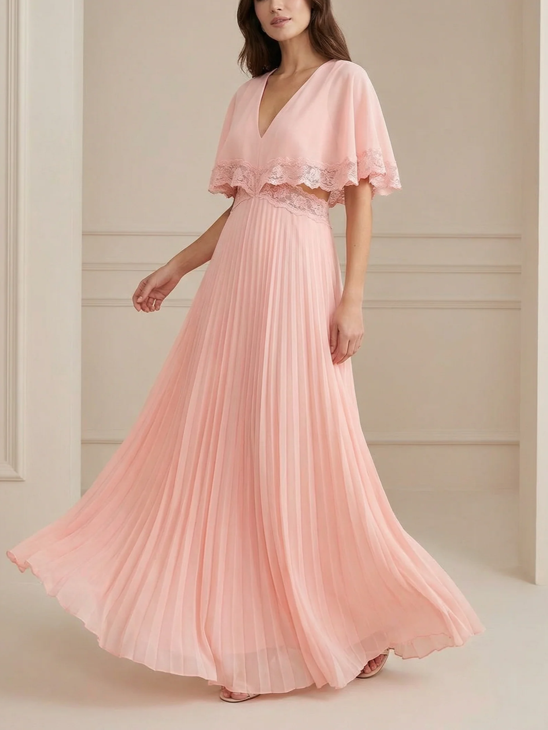 Classy Lace Trim Pleated Cape Sleeve Maxi Dress