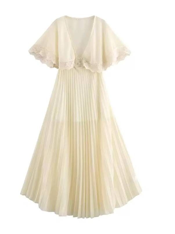 Classy Lace Trim Pleated Cape Sleeve Maxi Dress
