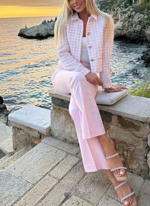 Classy Long Sleeve Pink Plaid Buckle Blazer Coat
