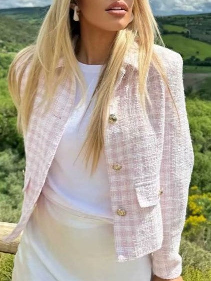Classy Long Sleeve Pink Plaid Buckle Blazer Coat