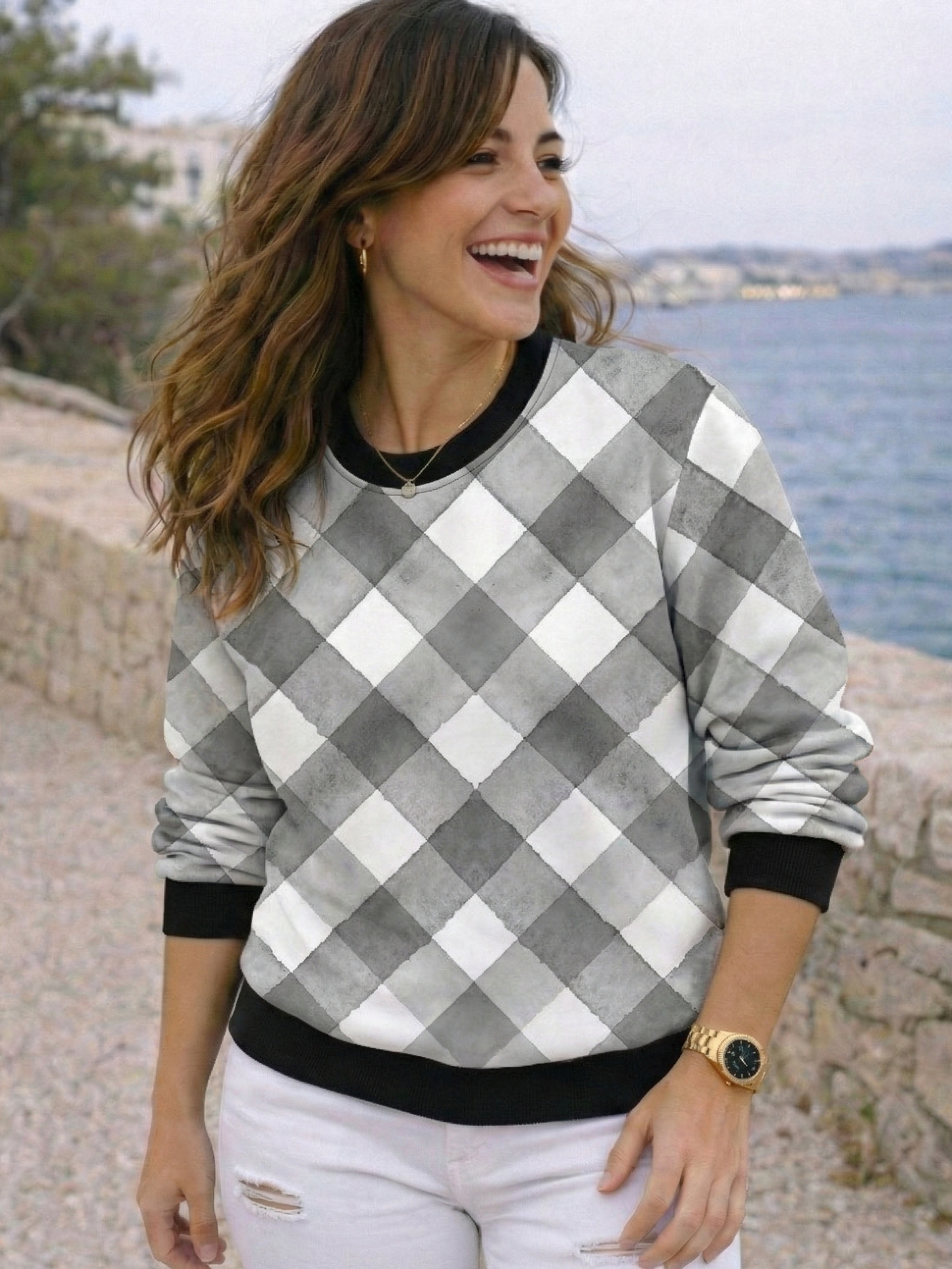 Classy Plaid Print White Sweatshirt