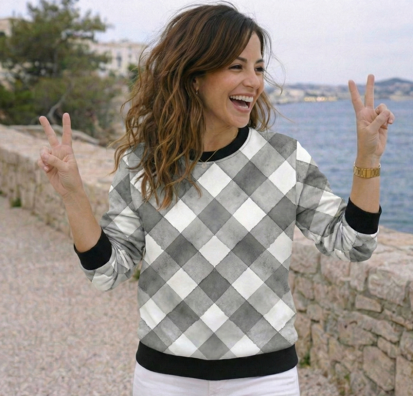 Classy Plaid Print White Sweatshirt