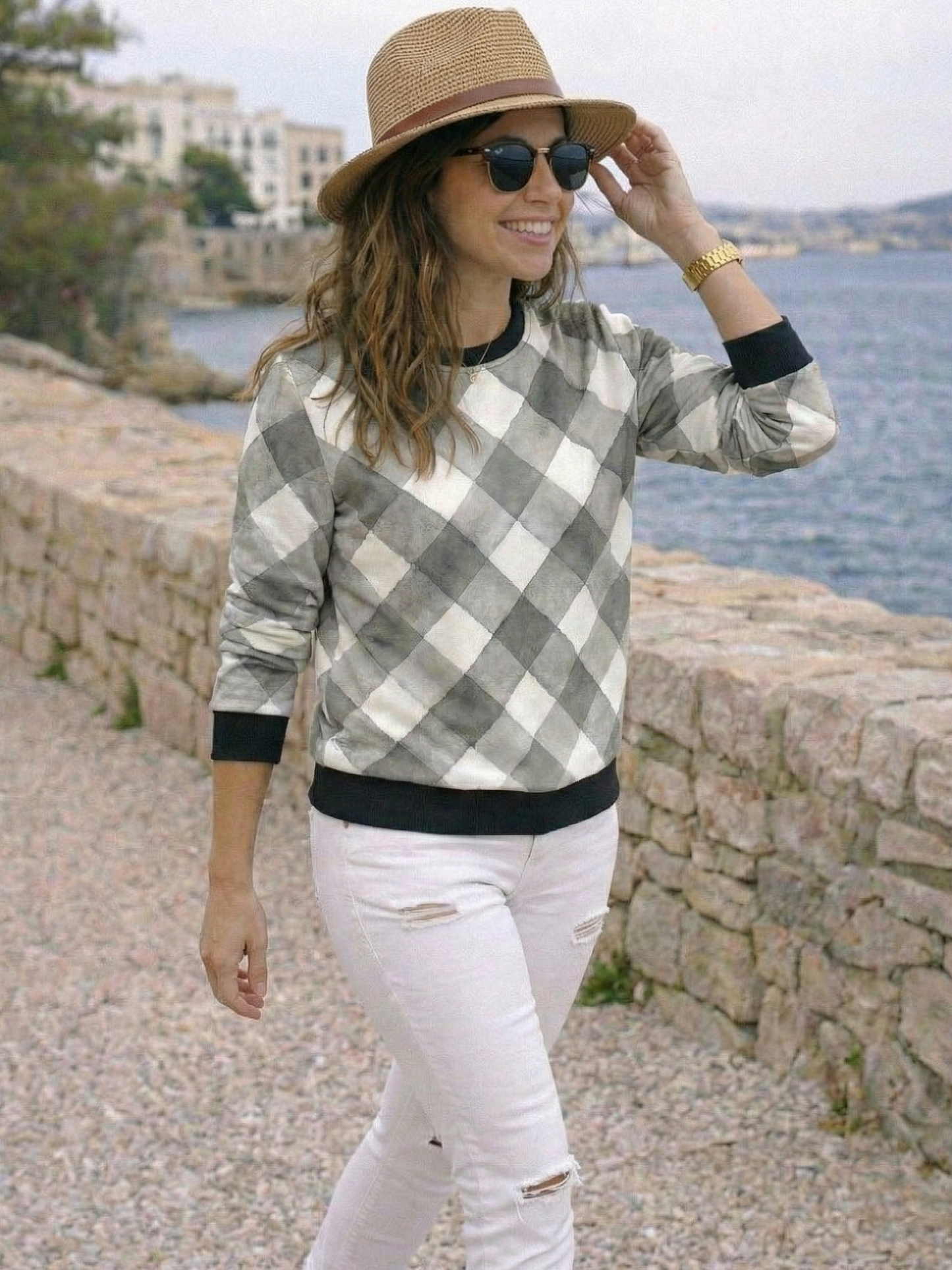 Classy Plaid Print White Sweatshirt