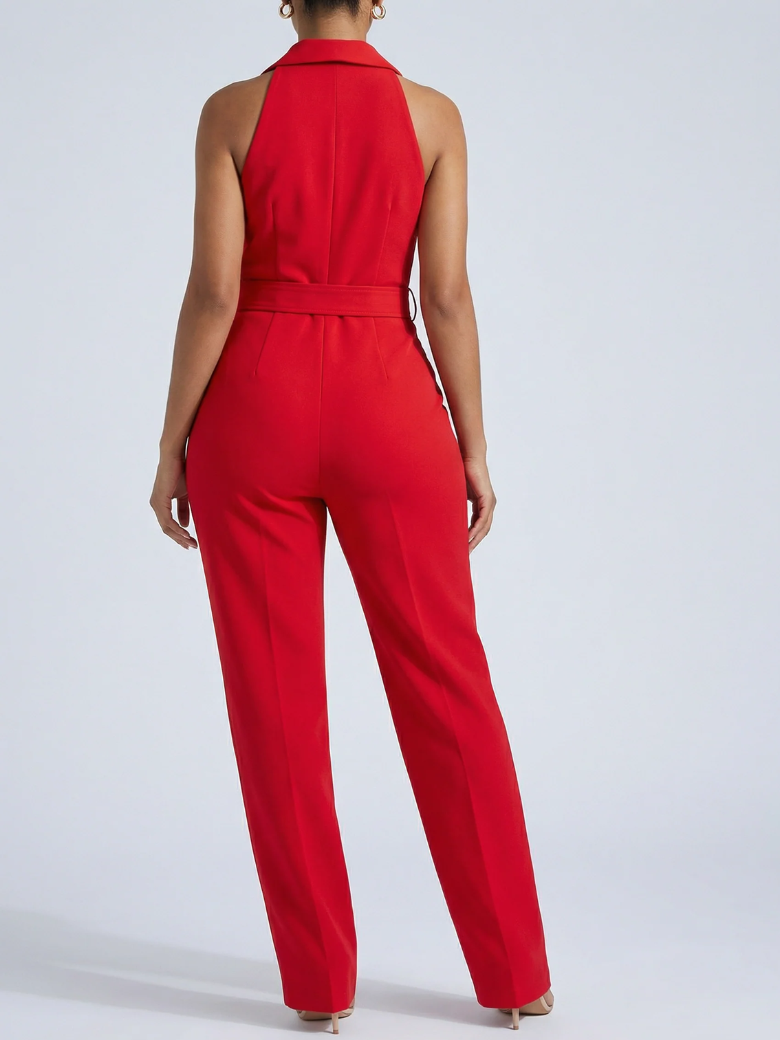 Classy Red Collar Jumpsuit With Belt