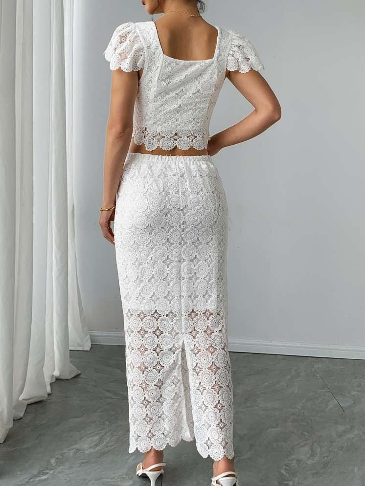 Classy Short Sleeve White Crop Top With Skirt Set