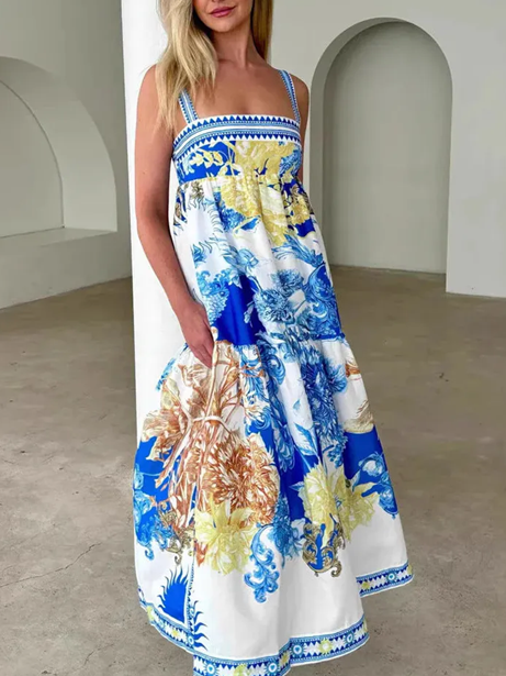 Classy Square Neck Floral Print Blue Dress