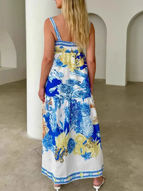 Classy Square Neck Floral Print Blue Dress