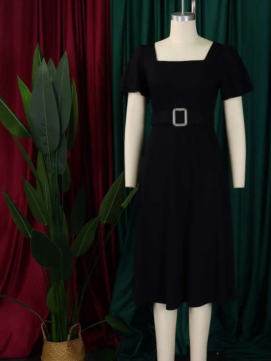 Classy Trumpet Sleeve Black Midi Dress With Belt