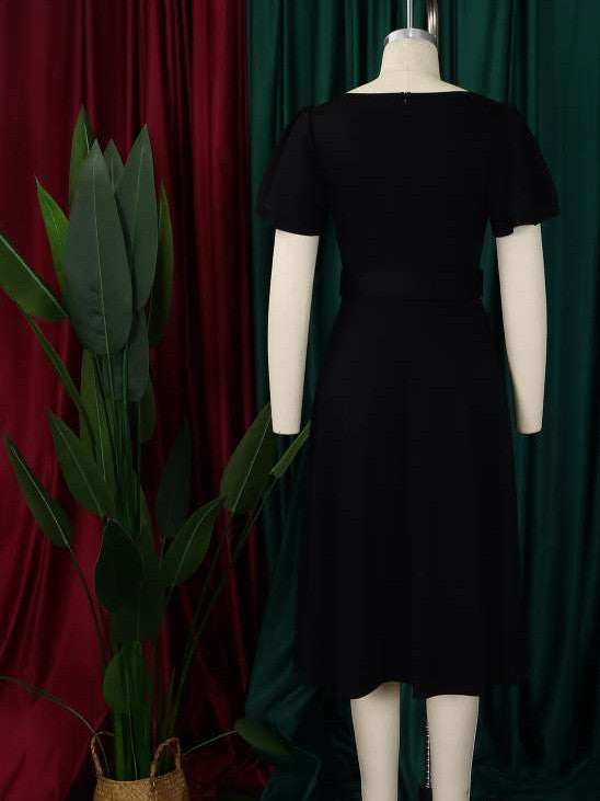 Classy Trumpet Sleeve Black Midi Dress With Belt