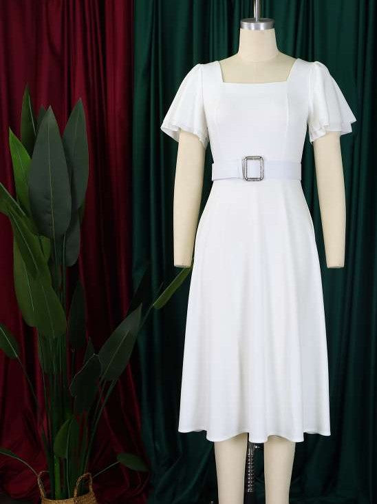 Classy Trumpet Sleeve White Midi Dress With Belt