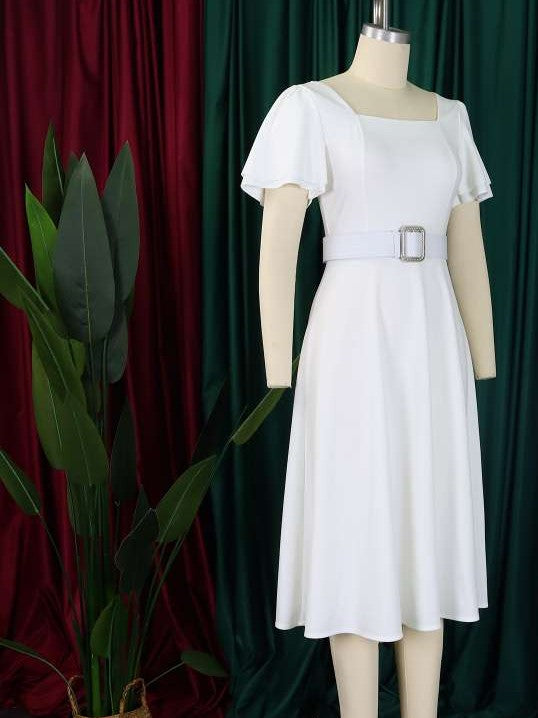 Classy Trumpet Sleeve White Midi Dress With Belt