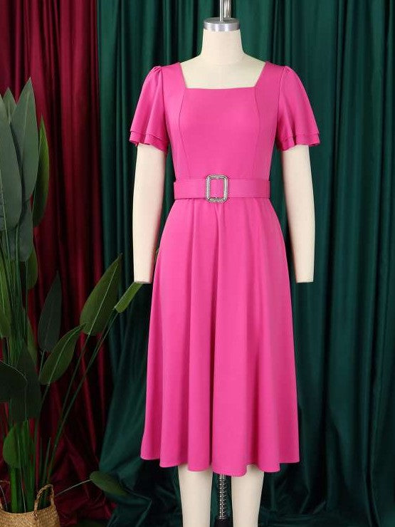 Classy Trumpet Sleeve Pink Midi Dress With Belt