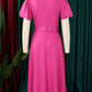 Classy Trumpet Sleeve Pink Midi Dress With Belt