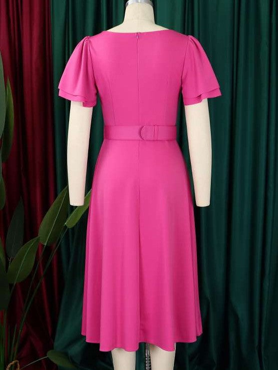 Classy Trumpet Sleeve Pink Midi Dress With Belt