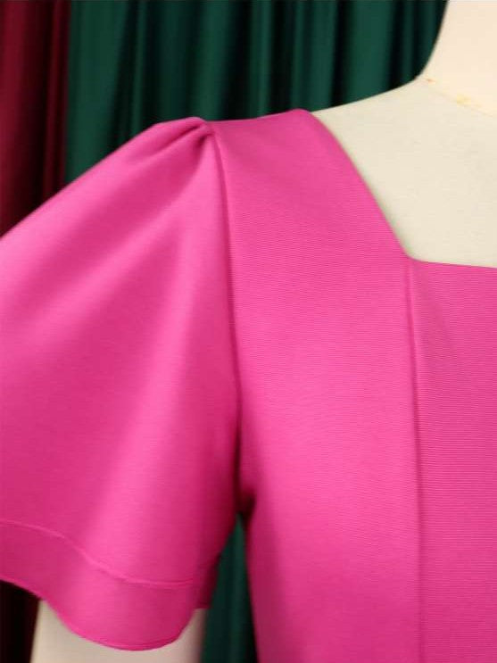 Classy Trumpet Sleeve Pink Midi Dress With Belt