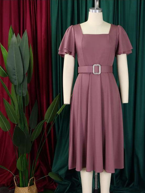 Classy Trumpet Sleeve Coffee Midi Dress With Belt