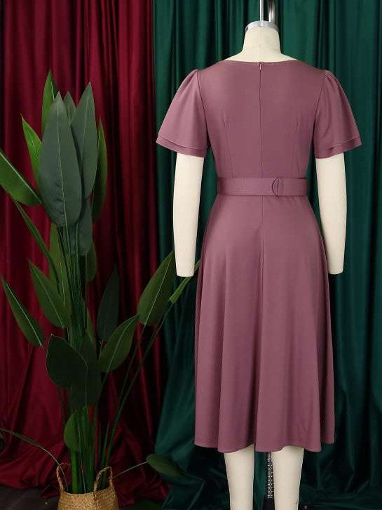 Classy Trumpet Sleeve Coffee Midi Dress With Belt