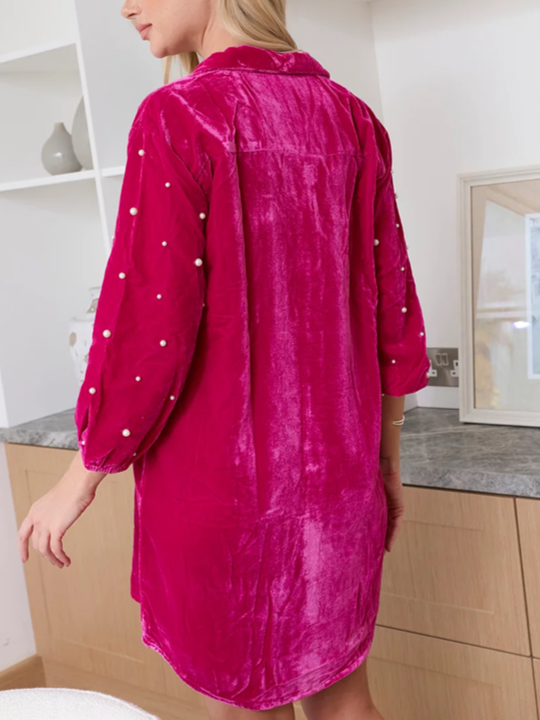 Classy Velvet Pearl Decor Shirt Dress