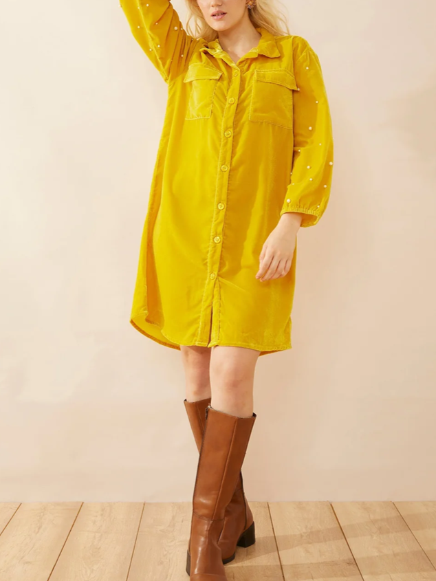 Classy Velvet Pearl Decor Yellow Shirt Dress
