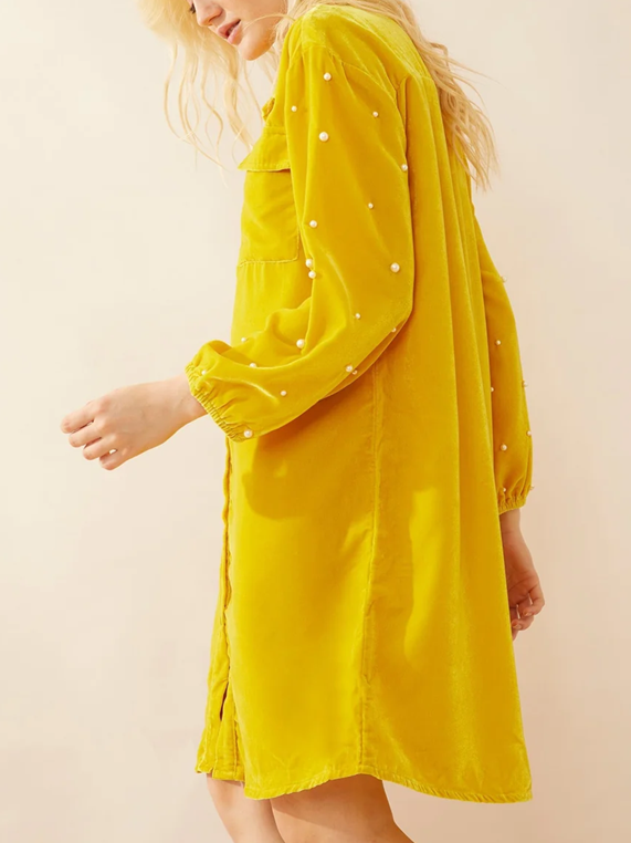 Classy Velvet Pearl Decor Yellow Shirt Dress