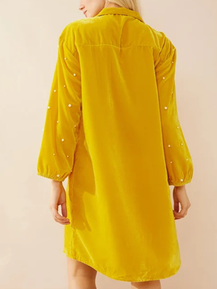 Classy Velvet Pearl Decor Yellow Shirt Dress