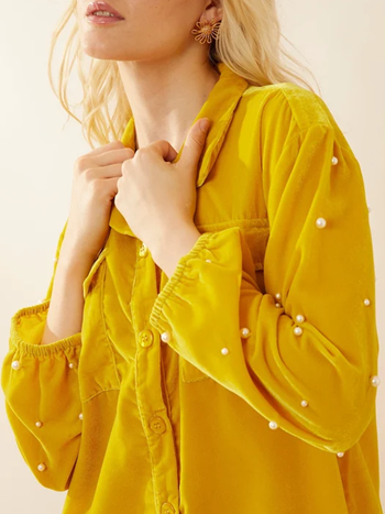 Classy Velvet Pearl Decor Yellow Shirt Dress