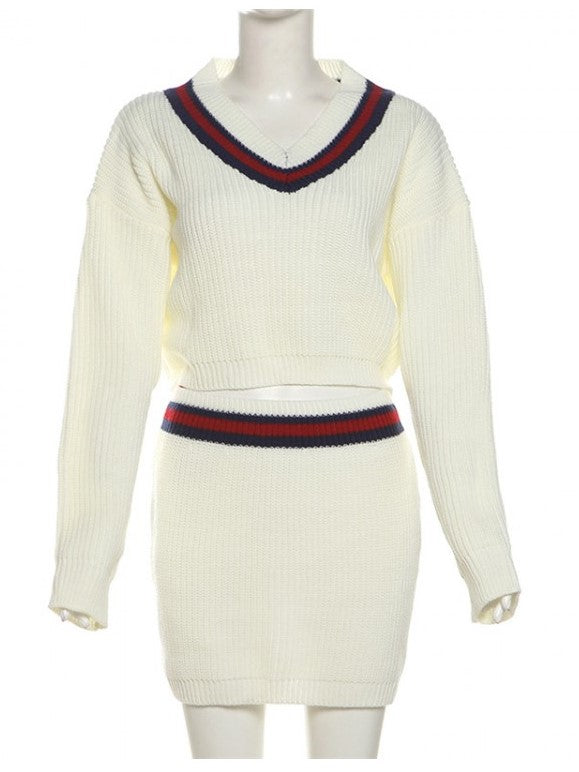 Classy Winter Style Knit Stripped Trim V Neck Cropped Skirt Set