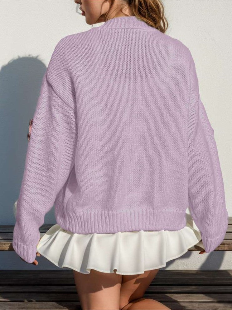 Cute Winter Wear Flower Decor Knit Purple Cardigan