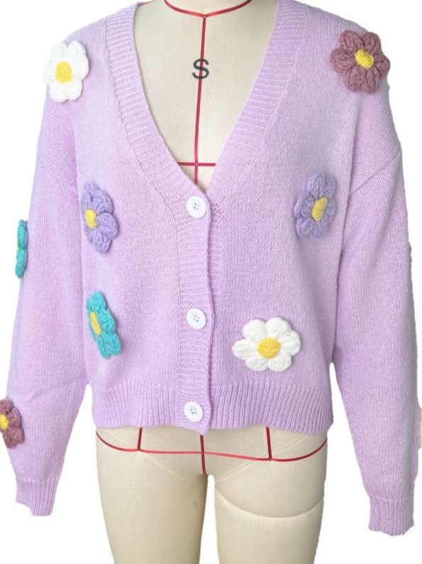 Cute Winter Wear Flower Decor Knit Purple Cardigan