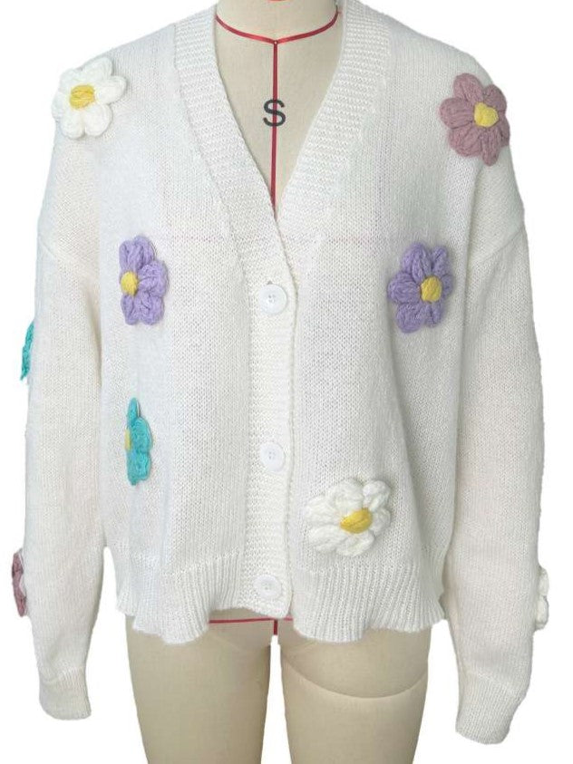 Cute Winter Wear Flower Decor Knit White Cardigan