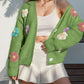 Cute Winter Wear Flower Decor Knit Green Cardigan
