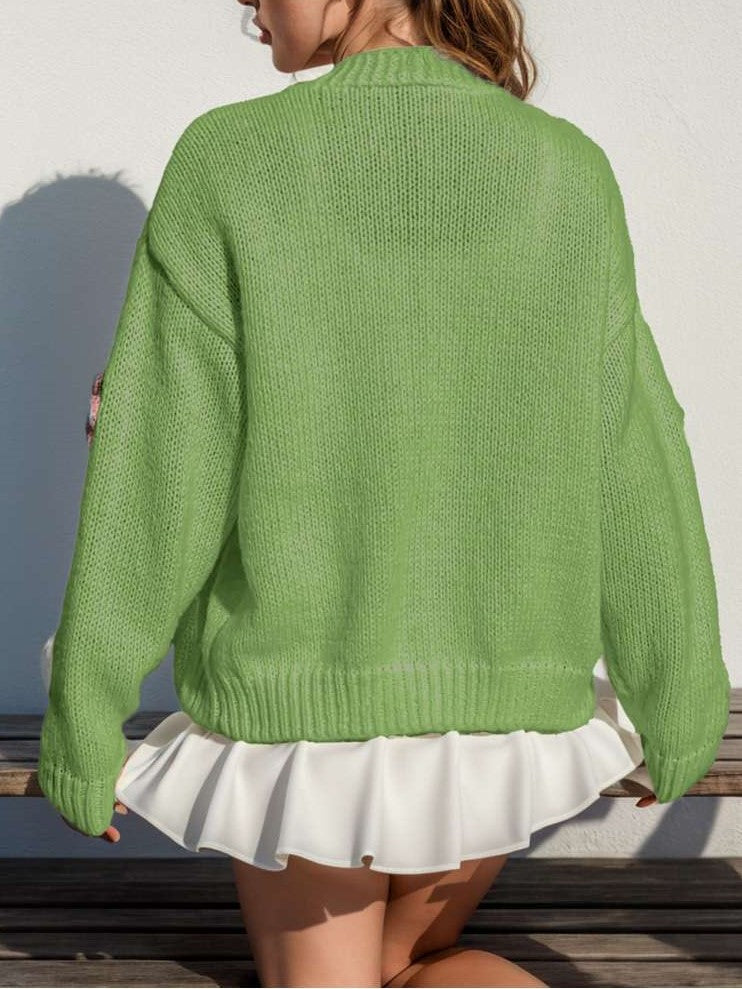 Cute Winter Wear Flower Decor Knit Green Cardigan