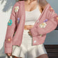 Cute Winter Wear Flower Decor Knit Pink Cardigan