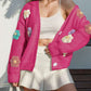 Cute Winter Wear Flower Decor Knit Dark Pink Cardigan