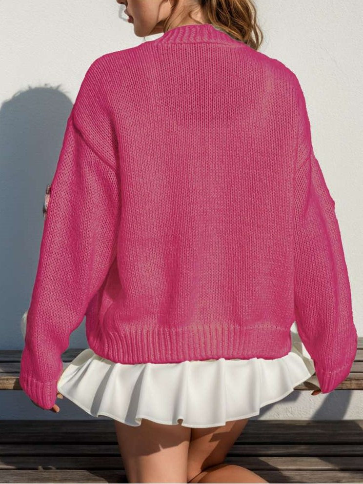 Cute Winter Wear Flower Decor Knit Dark Pink Cardigan