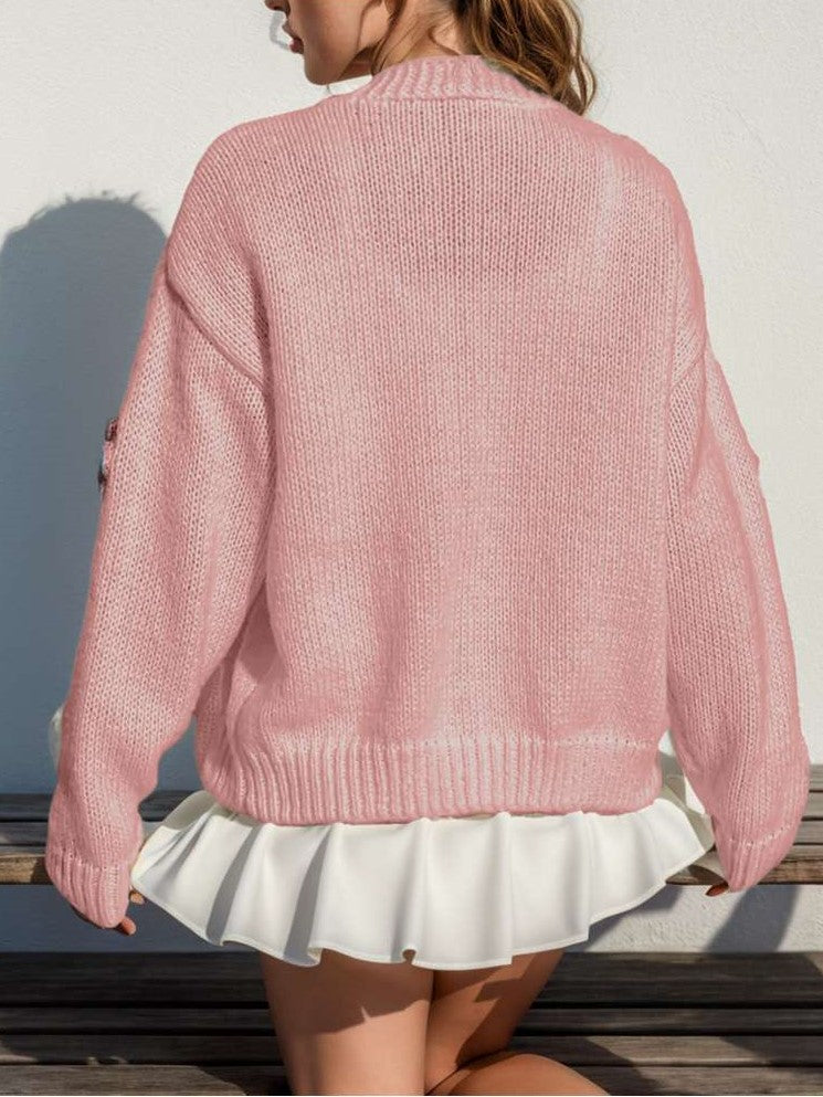 Cute Winter Wear Flower Decor Knit Pink Cardigan