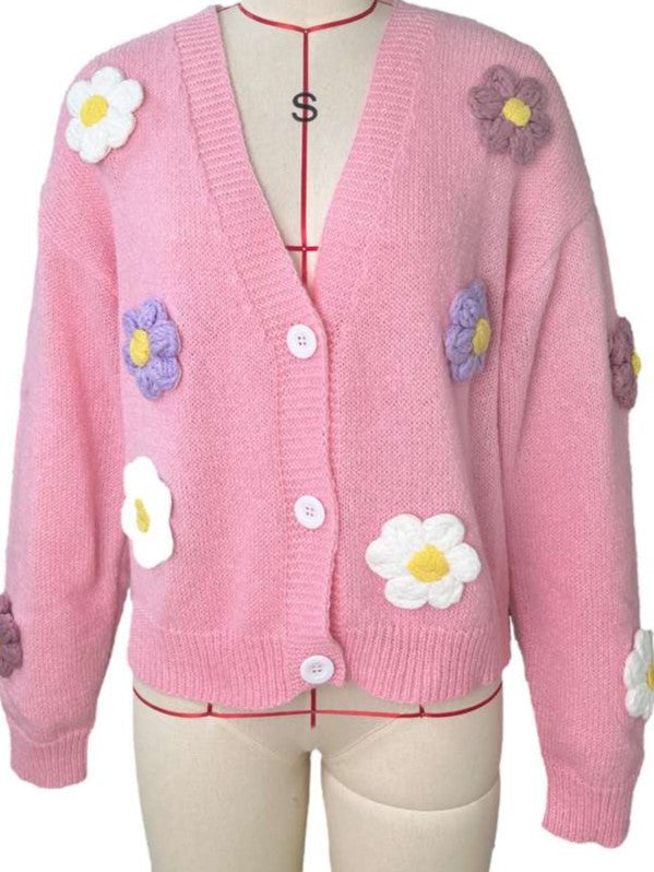 Cute Winter Wear Flower Decor Knit Pink Cardigan