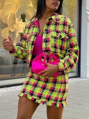 Dapper Contrast Plaid Skirt Long Sleeve Set