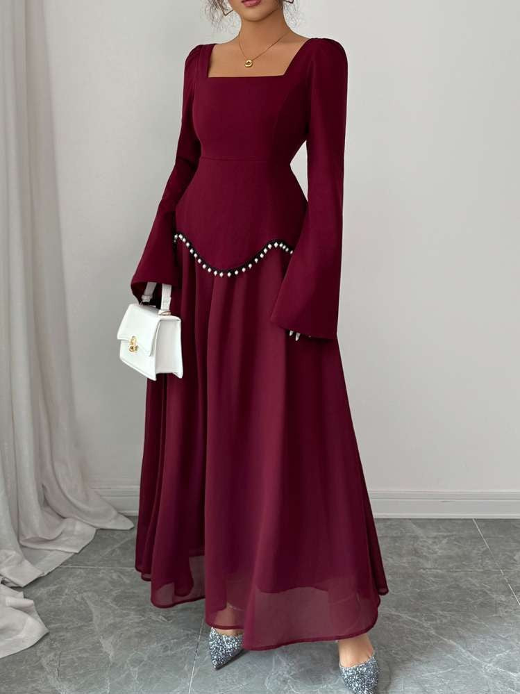 Elegant Beading Patchwork Long Sleeve Red Dress