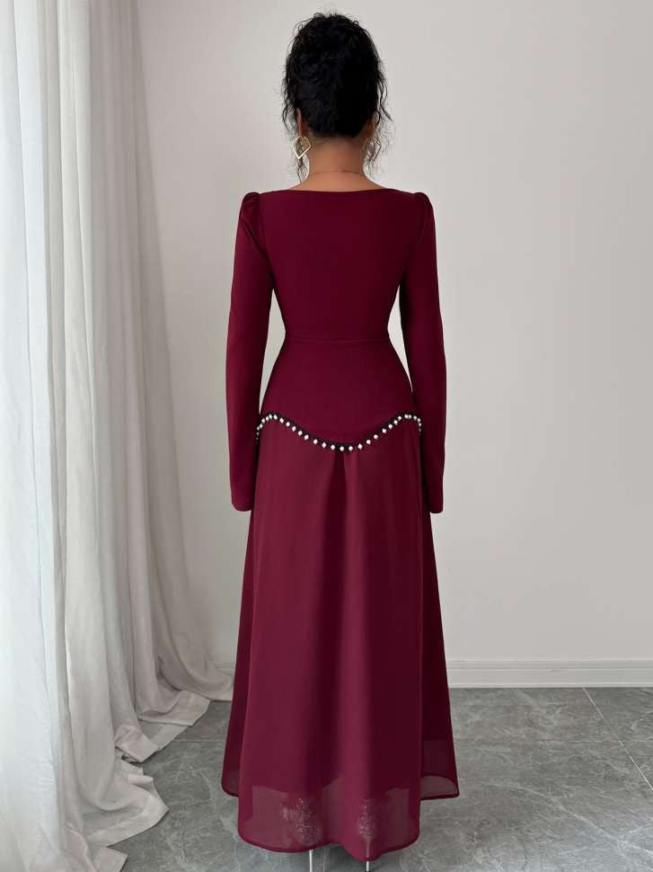 Elegant Beading Patchwork Long Sleeve Red Dress