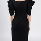 Elegant Black Pleated Puff Sleeve Dress