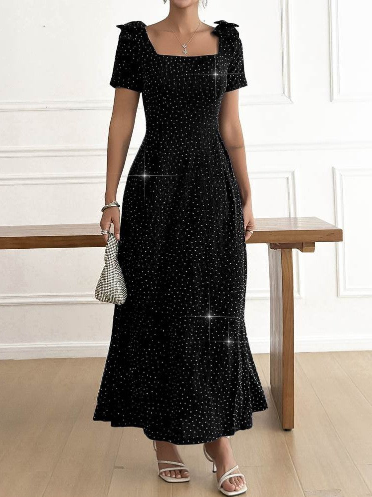 Elegant Bow Sparkle Short Sleeve Black Maxi Dress