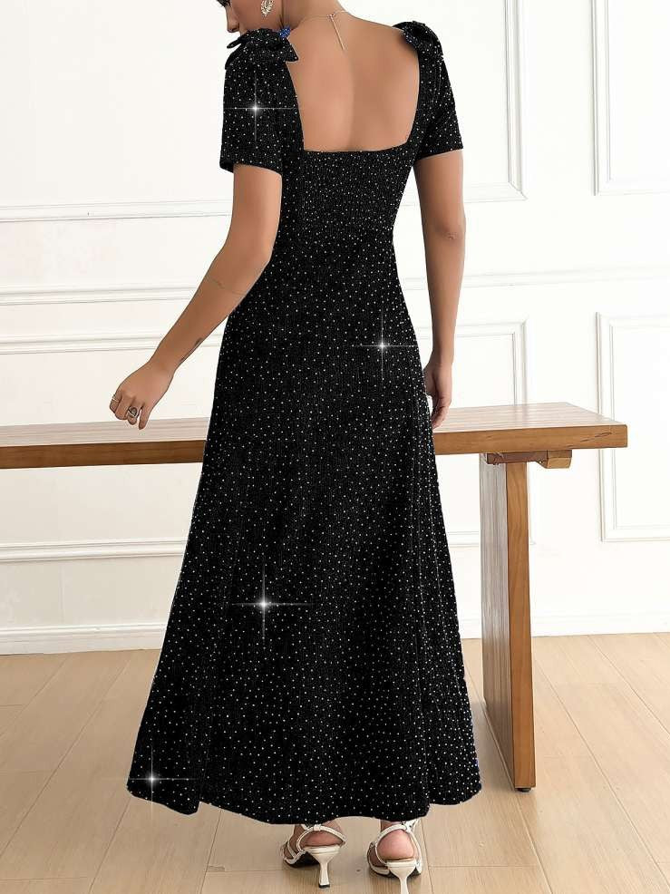 Elegant Bow Sparkle Short Sleeve Black Maxi Dress