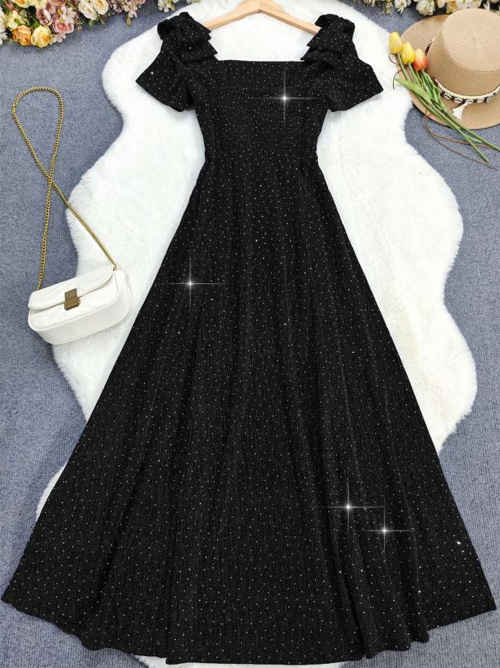 Elegant Bow Sparkle Short Sleeve Black Maxi Dress