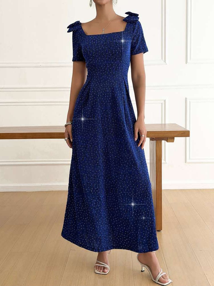 Elegant Bow Sparkle Short Sleeve Blue Maxi Dress