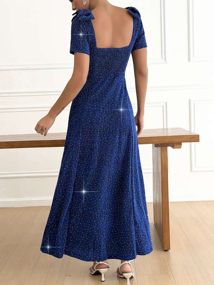 Elegant Bow Sparkle Short Sleeve Blue Maxi Dress