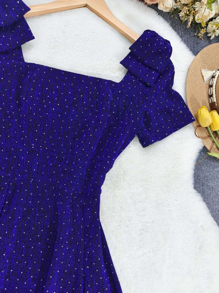 Elegant Bow Sparkle Short Sleeve Blue Maxi Dress