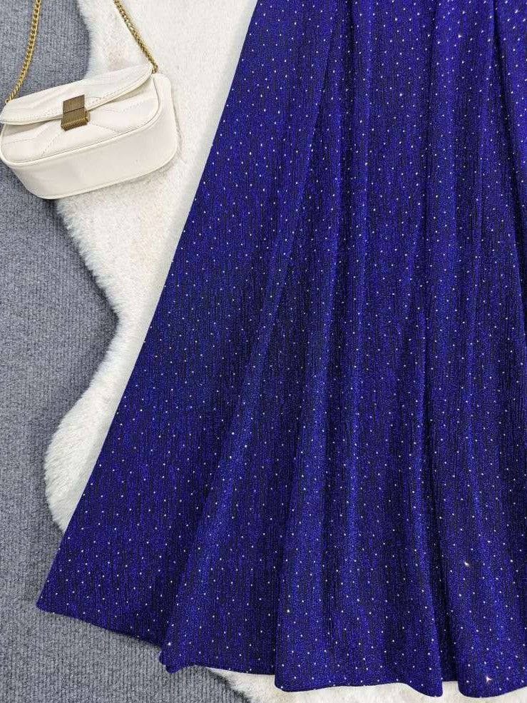 Elegant Bow Sparkle Short Sleeve Blue Maxi Dress